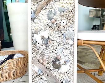 Handmade Coastal Wall Art 36x12&quot; Natural Driftwood Seashells Sea Urchins Coral Beach Lake House Décor Blue Grey White Sanibel Florida