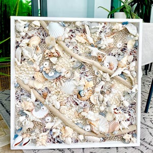Handmade Coastal Wall Art Natural Driftwood Seashells 24&quot; or 30&quot; Square Sea Shell Coral Beach Lake Décor Blue Grey White Beige Sanibel