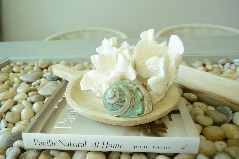 May include: A wooden tray with a white coral and a green seashell on top of a book titled "Pacific Natural At Home" by Jenni Kayne. The tray is sitting on a bed of white and brown stones.