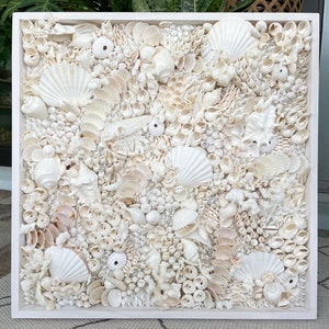 Handmade Modern Coastal Wall Art Natural Textured House Décor Seashells Urchins Coral 16", 24", 30" Square Beach White