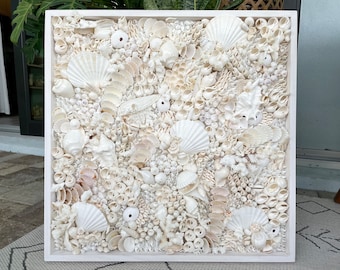 Handmade Modern Coastal Wall Art Natural Textured House Décor Seashells Urchins Coral 16&quot;, 24&quot;, 30&quot; Square Beach White Sanibel Florida