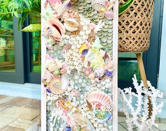 Mermaid House Colorful Handmade Seashell Coastal Wall Art Sea shells Urchins Coral Beach House Décor Pink Green Yellow Sanibel Florida