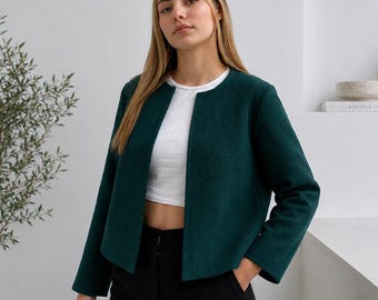 Forest Green Cropped Jacket, Textured Minimalist Blazer, Linen Blend Layer