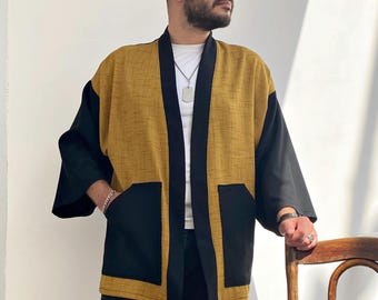 Mustard Men's Haori, Japanese Kimono Jacket, Baggy Flax Cardigan, Urban Casual Noragi Coat