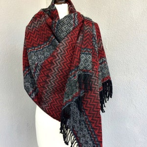 Tribal Boho Blanket Shawl, Aztec Ethnic Travel Scarf, Cotton Flannel Women Stole, Men Hippie Long Wrap, Red Prayer Shawl