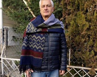 Bufanda de lana tribal azteca, chal de viaje bohemio para hombre, estola larga geométrica de invierno