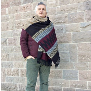 Extra Long Tribal Wool Blanket Scarf, Ethnic Boho Men Outdoor Shawl, Geometric Long Travel Stole, Patchwork Women Wrap, Aztec Shoulder Shawl