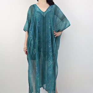 Boho Embroidery Sheer Beach Kaftan, See Through Maxi Caftan Dress, Beach Cover Up, Chiffon Vacation Dress, Summer Loose Wear Clothing