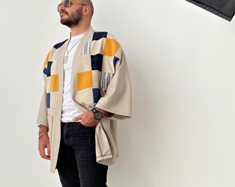 Men's Japanese Kimono Cardigan, Fall Patchwork Haori Jacket, Streetwear Loose Men Yukata Coat