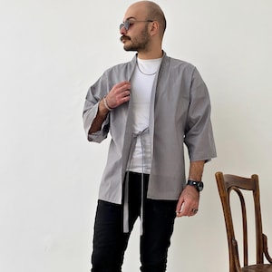 Men&#39;s Haori Kimono Jacket, Lightweight Cotton Striped Noragi, Streetwear Japanese Yukata Cardigan, Loose Summer Coat, Casual Baggy Clothing