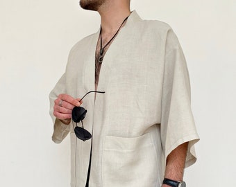 Natural Linen Men's Jacket, Minimalist Haori Kimono, Japanese Noragi Cardigan, Loose Unisex Summer Coat, Male Vacation Boho Flax Jacket