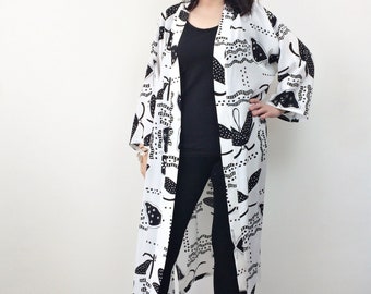 Long Kimono Caftan, Duster Black White Jacket, Summer Kaftan Dress, Loungewear Dressing Gown, Boho Casual Kimono Cardigan