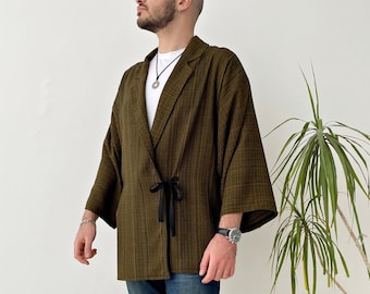 Japanese Style Blazer Jacket, Linen Striped Loose Kimono, Men's Haori Noragi Cardigan, Notch Lapel Collar Top, Minimalist Oversized Clothing