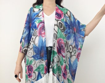 Boho Fringe Vibrant Floral Kimono, Beach Kimono Femme Jacket, Boho Summer Tunic, Abstract Women Top, Festival Cardigan, Beach Cover Up