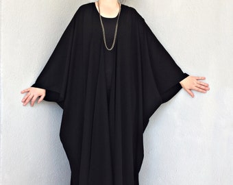Black Cotton Blend Maxi Kimono, Oversized Boho Poncho Robe