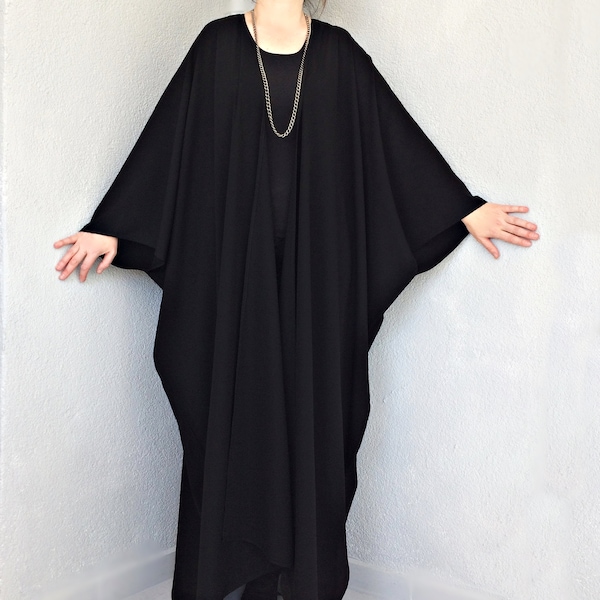 Black Long Kimono, Oversized Maxi Poncho, Kimono Dressing Gown, Boho Loose Cloak, Plus Size Robe Top, Beach Coverup, Summer Cardigan Poncho