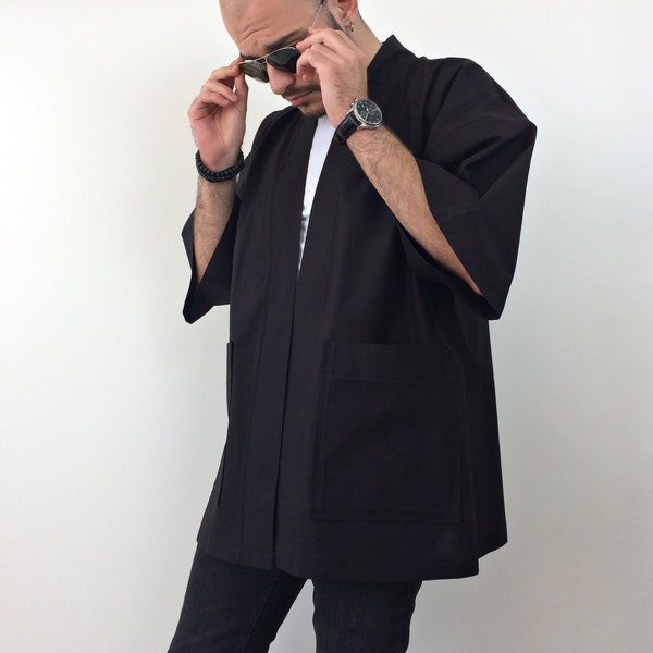 Black Linen Haori Jacket, Cotton Blend Loose Japanese Noragi Cardigan, Streetwear Overcoat