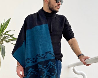 Écharpe de voyage, châle style bohème, écharpe de couverture en laine tribale bleu sarcelle, écharpe d'hiver pour femme, cadeau unique pour homme