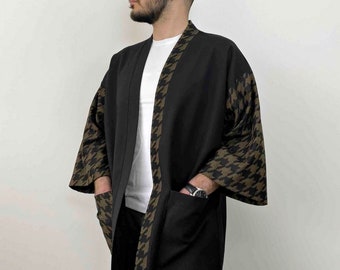 Men's Japanese Kimono Cardigan, Fall Patchwork Haori Jacket, Streetwear Loose Men Yukata Coat, Houndstooth Urban Clothing, Boyfriend Gift