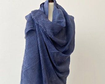 Long Pleated Scarf, Boho Denim Color Shawl, Lightweight Oversized Scarf, Natural Fiber Cotton Head Scarf, Women Plisse Fall Wrap