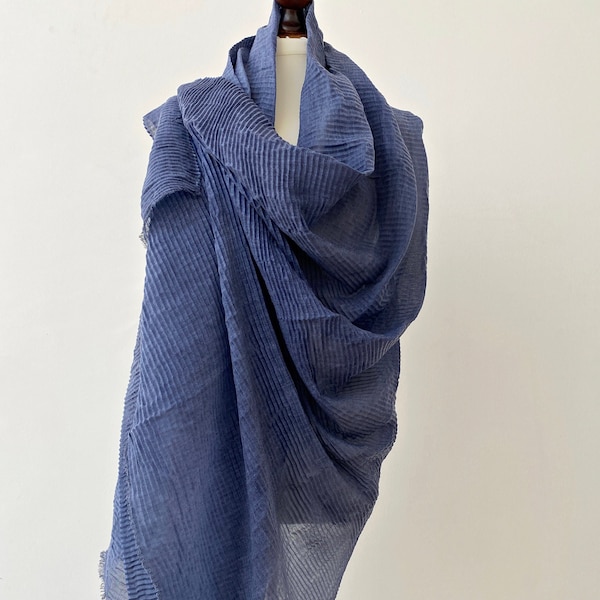 Long Pleated Scarf, Boho Denim Color Shawl, Lightweight Oversized Scarf, Natural Fiber Cotton Head Scarf, Women Plisse Fall Wrap