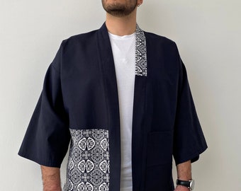 Japanese Kimono Jacket for Men, Streetwear Patchwork Loose Haori, Oversized Linen Cardigan, Unisex Traditional Yukata Overcoat