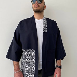 Japanese Kimono Jacket for Men, Streetwear Patchwork Loose Haori, Oversized Linen Cardigan, Unisex Traditional Yukata Overcoat