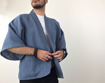 Blue Linen Blend Haori Jacket, Loose Fit Kimono Cardigan