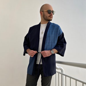 Indigo Blue Linen Haori Jacket, Patchwork Man Japanese Kimono, Navy Blue Natural Loungewear, Loose Yukata Male Top, Noragi Cardigan Gift