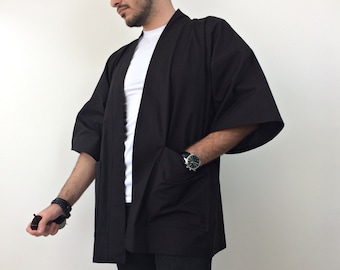 Men's Japanese Kimono Cardigan, Black Linen Cotton Haori Jacket, Streetwear Loose Men Yukata Top, Unisex Japanese Clothing, Boyfriend Gift