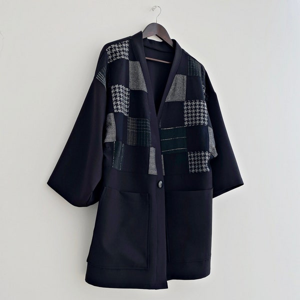 Haori style japonais en patchwork, veste streetwear reconstituée, manteau Noragi d'automne, kimono moderne unisexe, cardigan rétro pour homme, noragi recyclé bohème