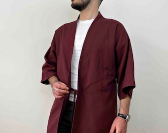 Jaqueta Haori de Algodão Borgonha, Kimono Japonês Masculino, Loungewear Natural Ameixa, Top Masculino Yukata Solto, Cardigan Noragi, Roupas Streetwear