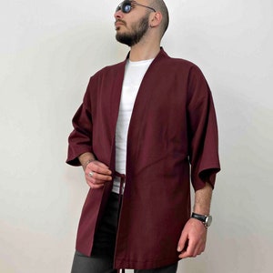 Burgundy Cotton Haori Jacket, Man Japanese Kimono, Plum Natural Loungewear, Loose Yukata Male Top, Noragi Cardigan, Streetwear Clothing
