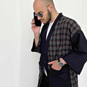 Men&#39;s Plaid Haori, Black Patchwork Noragi Jacket, Unisex Japanese Kimono, Streetwear Cotton Cardigan, Plus Size Yukata