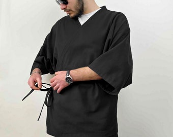 Men's Cotton Wrap Kimono, Black Samue Loungewear, Gray Linen Haori