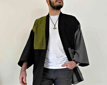 Men Japanese Kimono Cardigan, Streetwear Loose Haori Coat, Fall Patchwork Jacket, Flannel Urban Clothing