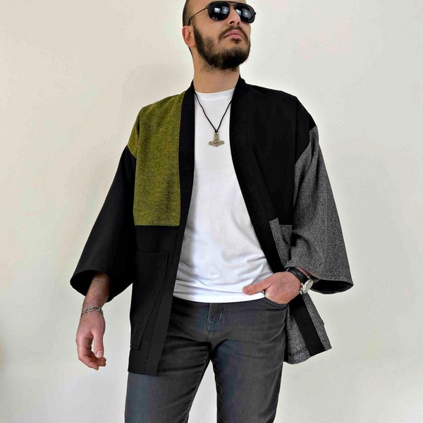 Cardigan kimono japonais pour homme, manteau haori ample streetwear, veste en patchwork d'automne, vêtements urbains en flanelle