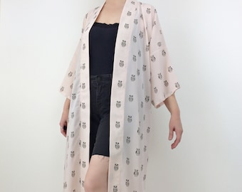 Owl Print Chiffon Kimono Robe, Light Pink Duster Jacket, Boho Loungewear