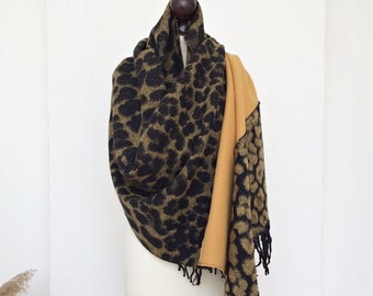 Animal Blanket Scarf, Leopard Wool Shawl, Mother's Day Gift, Boho Wrap Scarf, Oversized Large Shawl, Unique Long Scarf