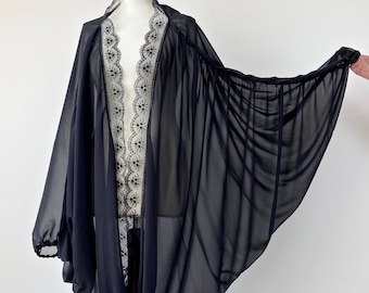Black Chiffon Kimono, Sheer Lace Trim Jacket, Gothic Tunic, Halloween Costume
