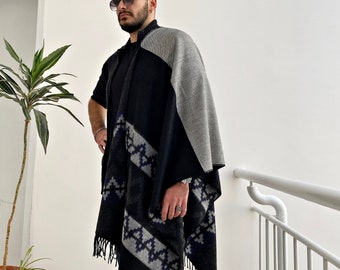 Handcrafted Tribal Wool Blanket Scarf, Patchwork Aztec Shawl