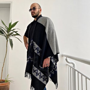 Tribal Wool Blanket Scarf, Travel Blanket Gift Scarf, Men&#39;s Patchwork Shawl, Oversized Prayer Wrap, Women&#39;s Aztec Shawl, Poncho Style Shawl