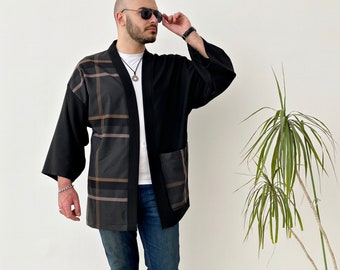 Men's Plaid Flannel Haori Jacket, Japanese Kimono Cardigan