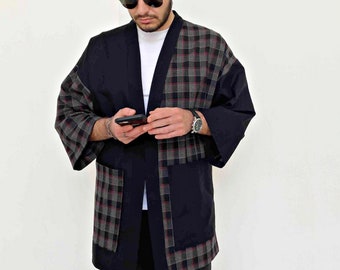 Men's Plaid Cotton Haori Jacket, Japanese Kimono Cardigan