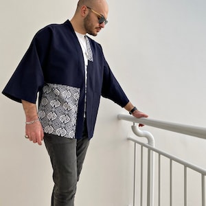 Linen Minimalist Men&#39;s Kimono, Navy Blue Noragi Jacket, Traditional Haori Clothing, Unisex Flax Cardigan, Gift For Him, Linen Outfit