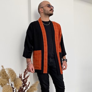 Kimono-style Fall Jacket, Men's Casual Patchwork Haori