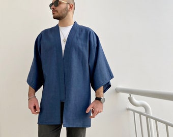Linen Haori Kimono, Gender Neutral Japanese Style Jacket, Blue Yukata for Men and Women, Streetwear Noragi Clothing, Urban Coat Cardigan