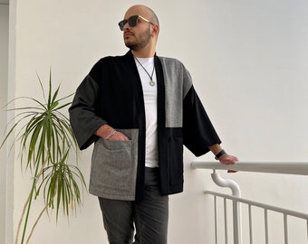 Men's Japanese Style Coat, Fall Kimono Cardigan, Loose Haori Patchwork Jacket, Noragi Oversized Jacket