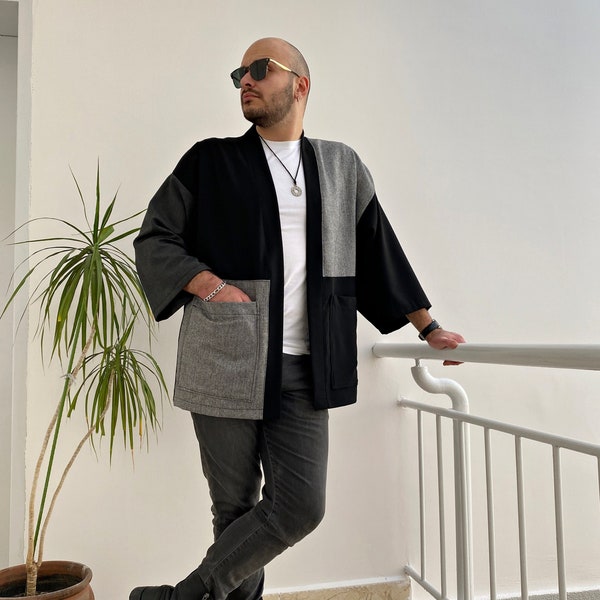 Manteau style japonais pour homme, cardigan kimono d'automne, veste ample en patchwork haori, vêtements urbains unisexes en flanelle, veste surdimensionnée Noragi