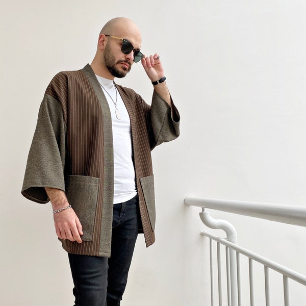 Haori Kimono Strickjacke, modernes Patchwork Noragi, japanischer Herrenmantel, Valentinstag Geschenk, Herbstjacke, Unisex Streetwear Kleidung